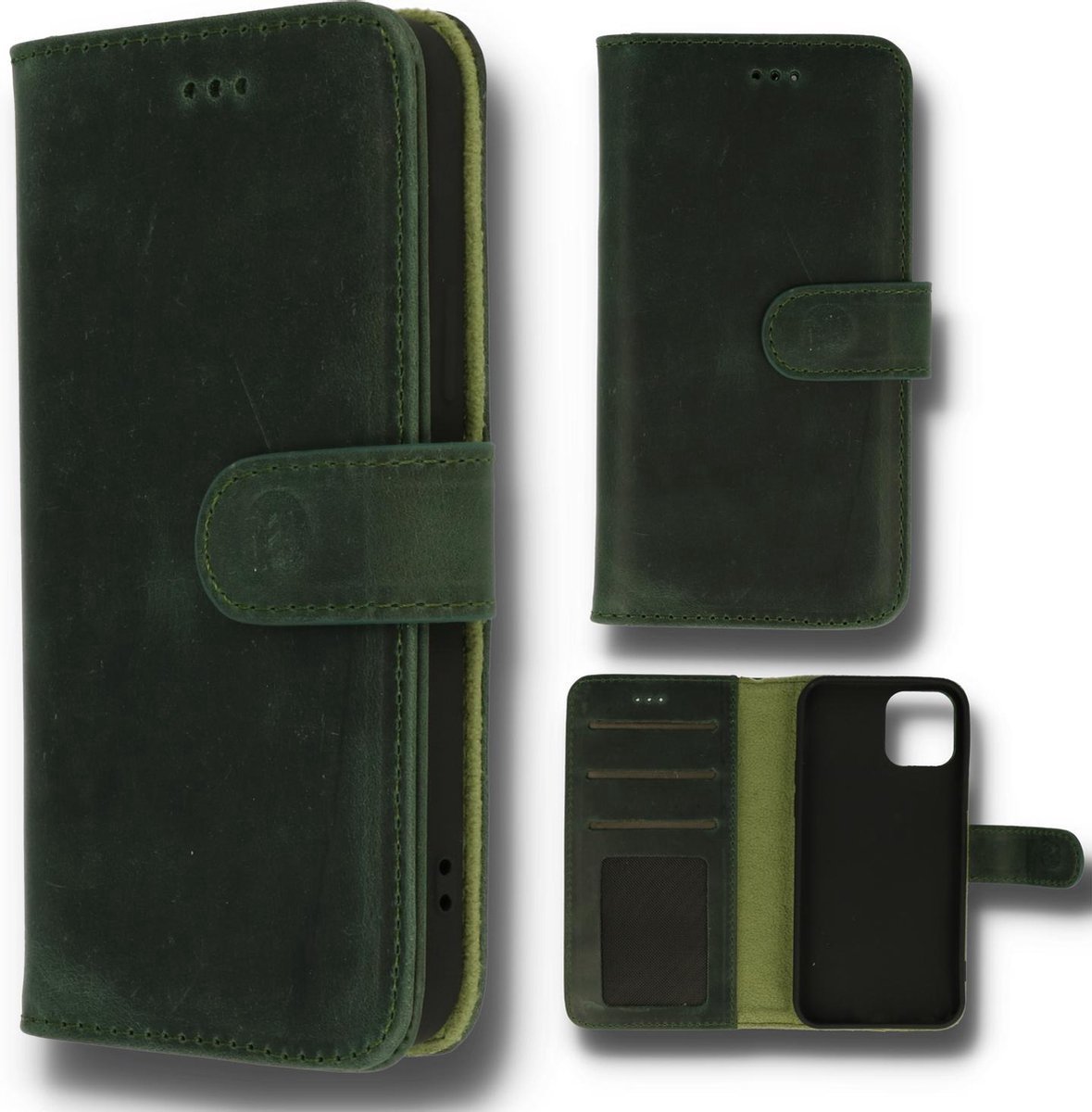 Apple iPhone 14 Hoesje Groen - Handgemaakt Echt Lederen Portemonnee Book Case met 3x Kaarthouder