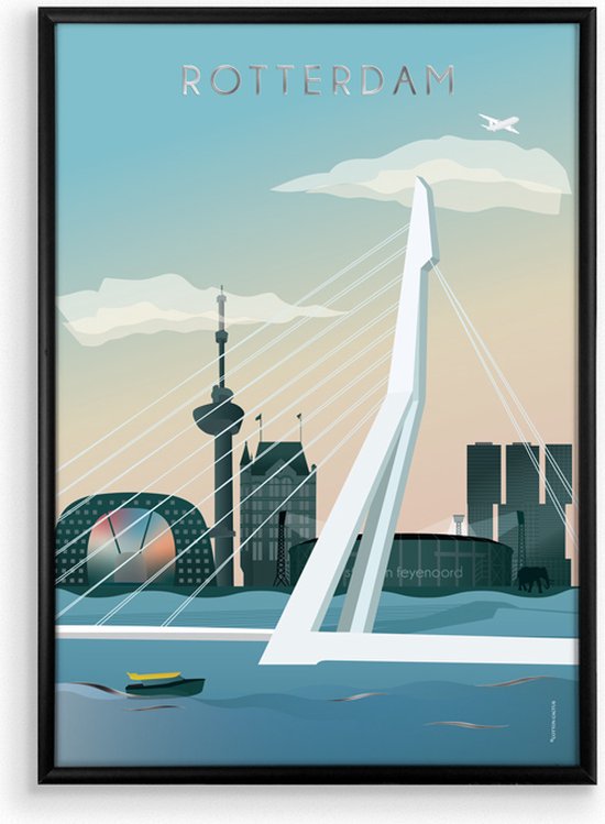 Skyline Poster Rotterdam Gekleurd met Glanslaag in Zwarte Lijst