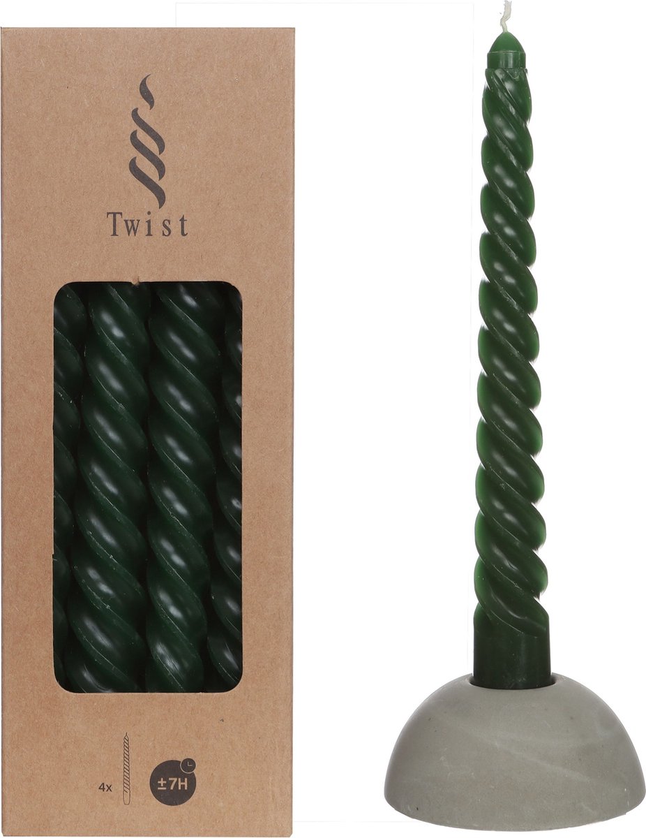 Twist - gedraaide kaars - Mosgroen - 19 cm hoog, doorsnee 2,2 cm