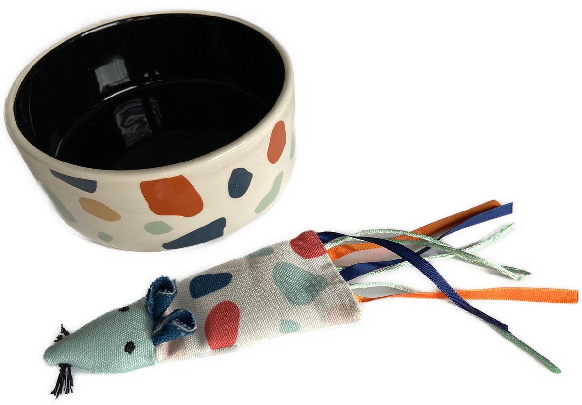 BoDutch Terrazzo combiset - Voerbak hond - Drinkbak kat - Kattenspeeltje - Catnip - Voerbak kat - Drinkbak hond