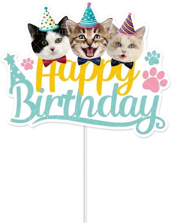 18 stuks kattentaartdecoraties, taarttoppers, kat, realistische mini-kattenfiguren, Happy Birthday cupcake-topper, voor kinderverjaardagen, kattenfeesten, babyfeestjes
