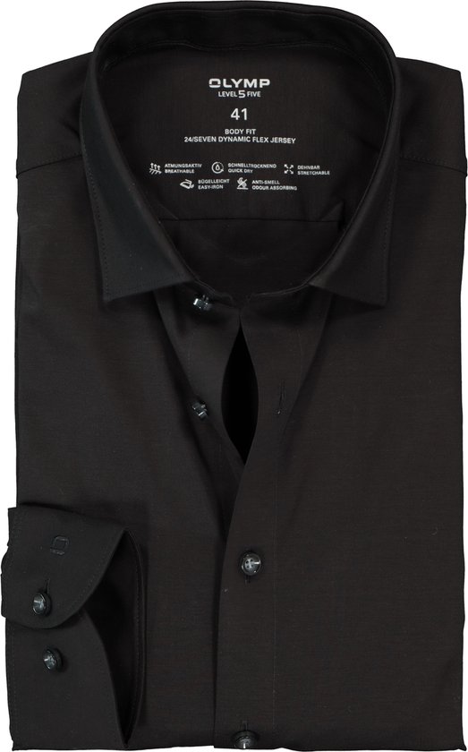 OLYMP Level 5 body fit overhemd 24/7 - mouwlengte 7 - zwart tricot - Strijkvriendelijk - Boordmaat: 42