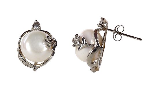 Zoetwater parel oorbellen Evita - oorknoppen - echte parels - wit - stras steentjes