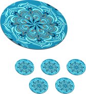 Onderzetters voor glazen - Rond - Mandala - Blauw - Oranje - Patroon - 10x10 cm - Glasonderzetters - 6 stuks
