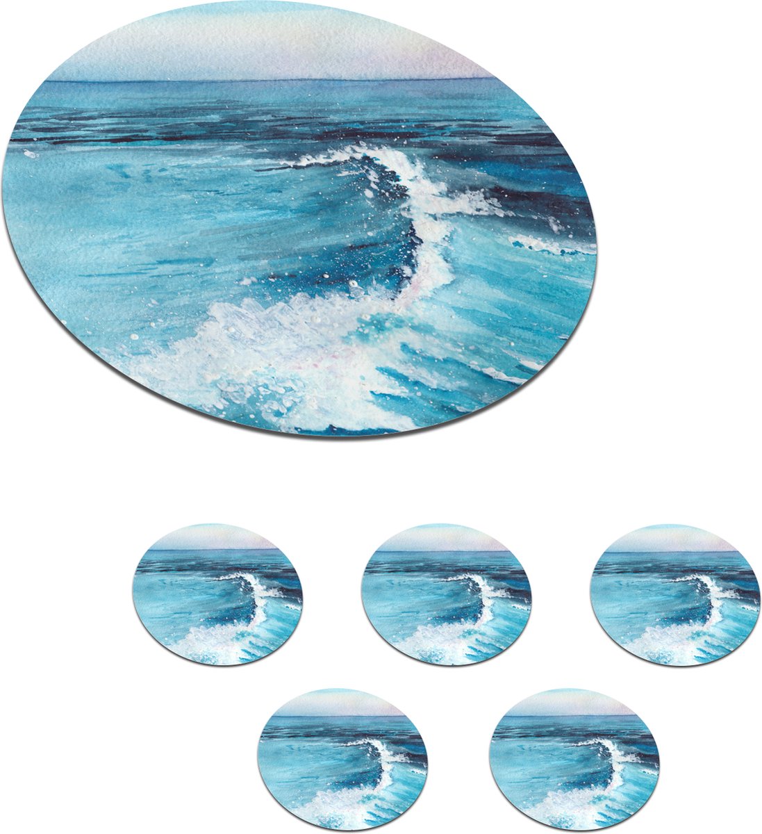 Onderzetters voor glazen - Rond - Zee - Golf - Waterverf - 10x10 cm - Glasonderzetters - 6 stuks