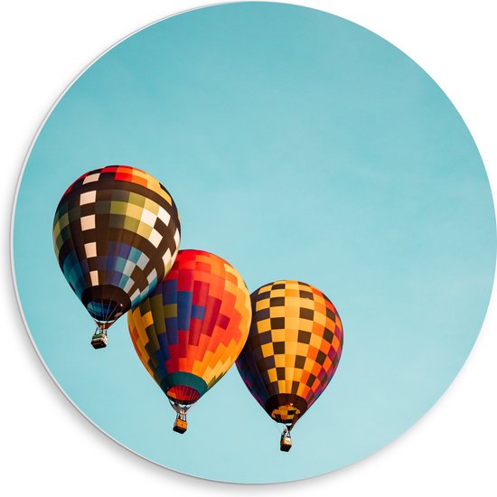 WallClassics - PVC Schuimplaat Muurcirkel - Drie Kleurrijk Geblokte Luchtballonnen - 50x50 cm Foto op Muurcirkel (met ophangsysteem)