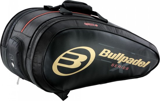 Zwarte Bullpadel racketas met gouden 'Bullpadel X Series' opdruk en rode accenten.