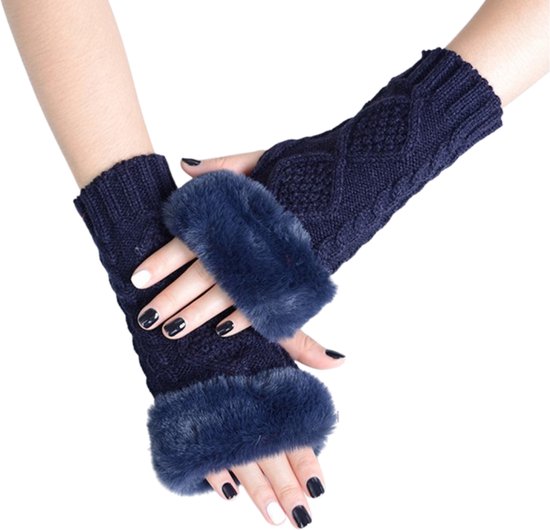 Winkrs - Vingerloze handschoenen polswarmers met nepbont - Marine Blauw - warm in de winter
