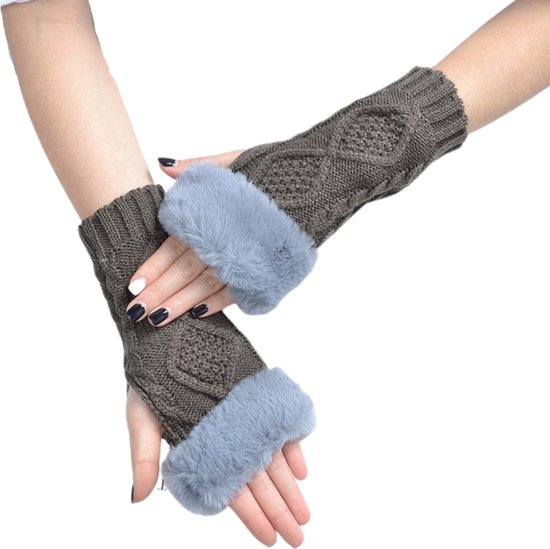 Winkrs - Vingerloze handschoenen polswarmers met nepbont - Donkergrijs - warm in de winter - Handschoenen zonder vingers met pluche