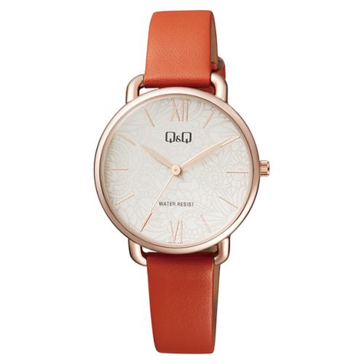 QQ QC27J112Y - Horloge - Analoog - Vrouwen - Dames - Leren band - Rond - Metaal - Streepjes - Romeinse cijfers - Donkeroranje - Rosékleurig - Crème-Beige