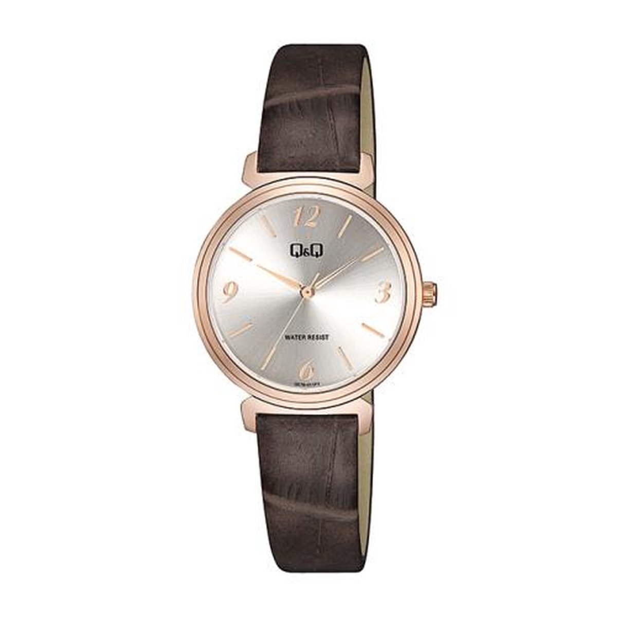 QQ Q27B-011PY - Horloge - Vrouwen - Dames - Leren band - Rond - Metaal - Streepjes - Bruin - Rosékleurig - - Zilverkleurig