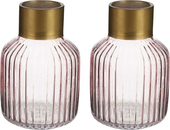 Giftdecor - Bloemenvazen 2x stuks - Decoratie glas - roze/goud - 12x18 cm