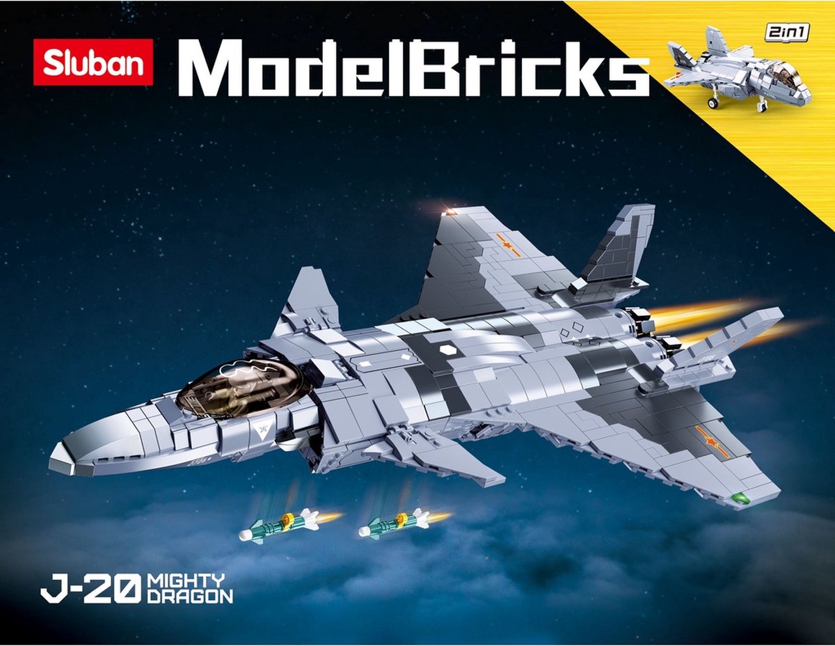 Sluban ModelBricks J-20 Fighter Mighty Dragon bouwspeelgoed vanaf 10 jaar – constructiespeelgoed modelbouw – bouwdoos met 926 bouwstenen – M38-B0931 — afbeelding 5