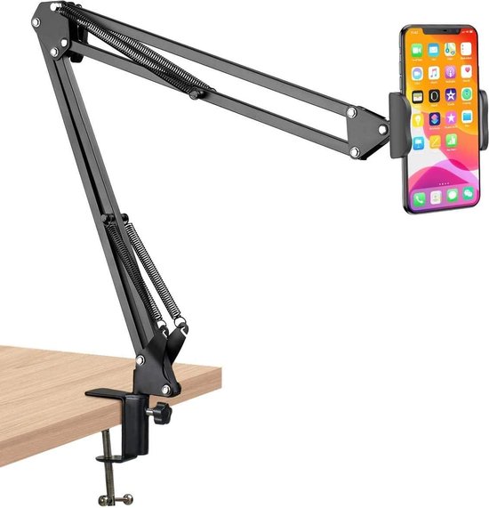 Phone Holder for Bed, 3 Sections Black Aluminum Alloy Rotatable Soft Lock Bed Phone Holder Bed Phone Holder Desk Phone Stand for Devices from 4 To 12.9 Inch