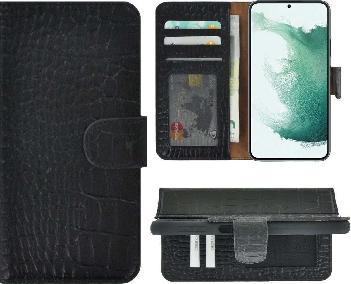 MoDo hoesje Geschikt voor Samsung Galaxy S22 Plus - Echt Leer Book Case - Croco Zwart