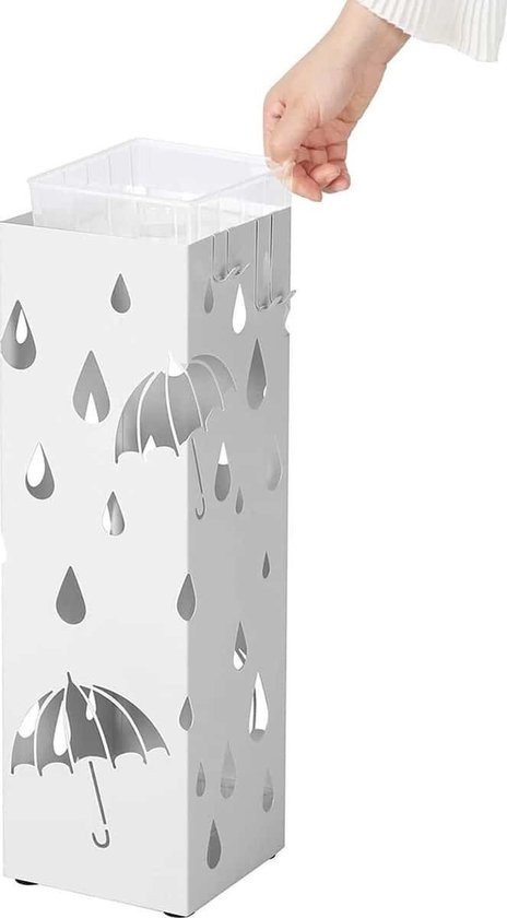 SONGMICS paraplubak van metaal, vierkante paraplubak, verwijderbare wateropvangbak, met haak, 15,5 x 15,5 x 49 cm, wit LUC49W