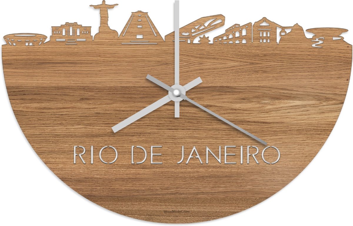Skyline Klok Rio de Janeiro Eikenhout - Ø 40 cm - Stil uurwerk - Wanddecoratie - Meer steden beschikbaar - Woonkamer idee - Woondecoratie - City Art - Steden kunst - Cadeau voor hem - Cadeau voor haar - Jubileum - Trouwerij - Housewarming -