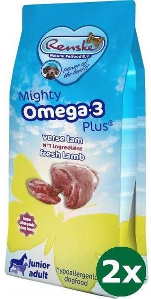 2x3 kg Renske mighty omega plus junior/adult lam/rijst hondenvoer