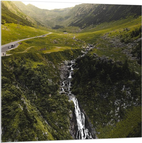 WallClassics - Verre Acrylique - Cascade à travers la Vallée - 100x100 cm Photo sur Verre Acrylique (avec système de suspension)