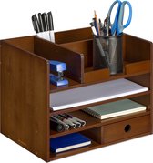 Navaris Bamboe Wooden Desk Organizer - Armoire de bureau en bois - 33 x 24 x 26 cm - Pour fournitures de bureau et lettres - Marron foncé
