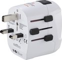 Witte wereldstekker met uitschuifbare pinnen en USB-poorten. Met rode en zwarte accenten.
