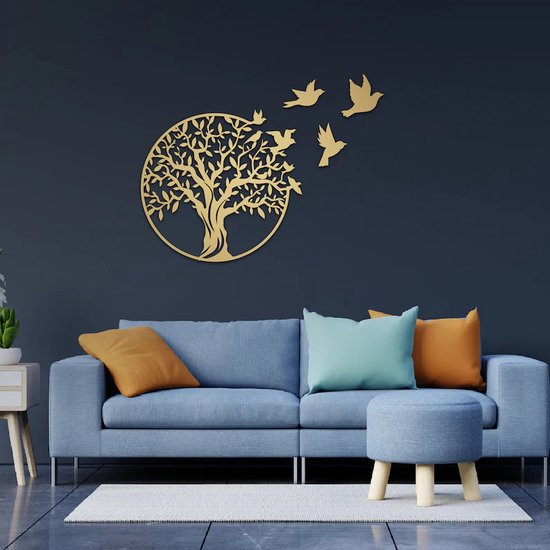 Prachtige Handgemaakte Levensboom met vogels en 3D effect 70x70 Goud