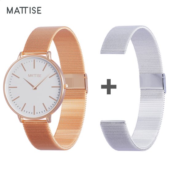 MATTISE Rosé Goud RVS Horloge met Rosé Goud en Zilver Staal Gewoven Horlogebandjes - 38mm Ø Quartz Uurwerk - Horloges voor Vrouwen Dames