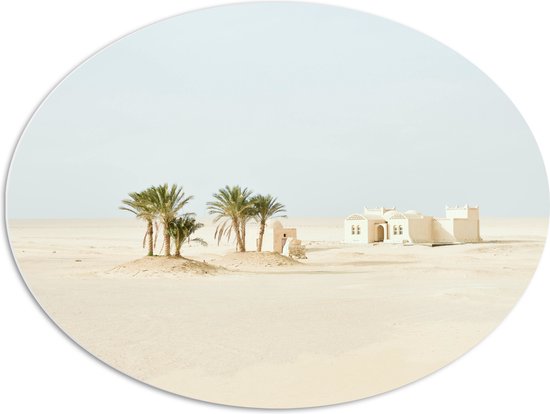 WallClassics - PVC Schuimplaat Ovaal - Woestijn met Palmbomen en Gebouw - 80x60 cm Foto op Ovaal  (Met Ophangsysteem)