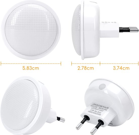 Aigostar 10BA4 - 2 Stuks LED Nachtlampje Stopcontact - Dimbare Nachtlampjes met Sensor - Nacht Lamp - Kinderen & Baby - 3000-6500K - Wit