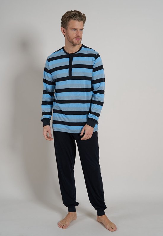 TOM TAILOR heren pyjama O-hals met knoopjes - middenblauw gestreept - Maat: L