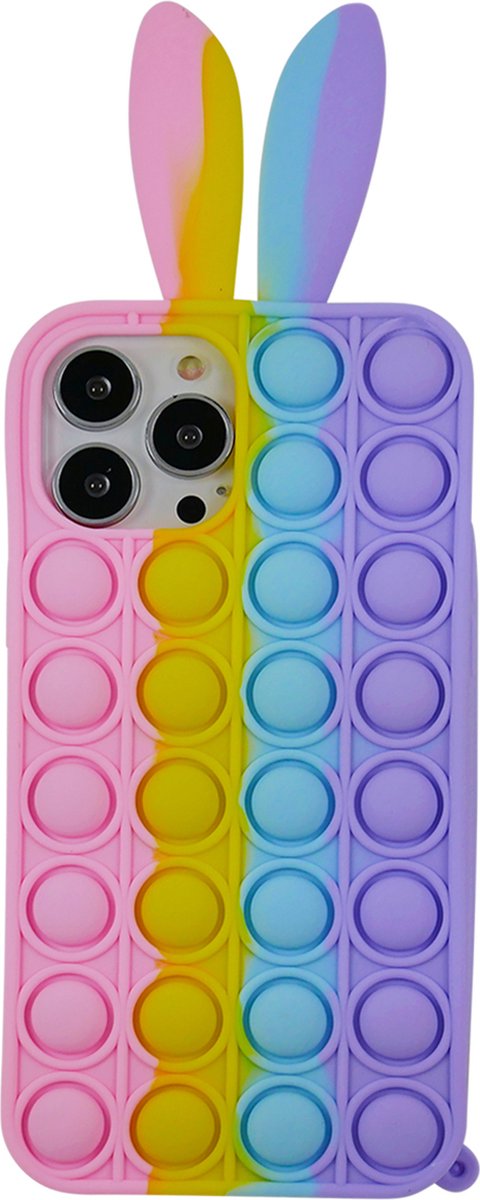 Peachy Bunny Pop Fidget Bubble siliconen hoesje geschikt voor iPhone 14 Pro Max - roze, geel, blauw en paars