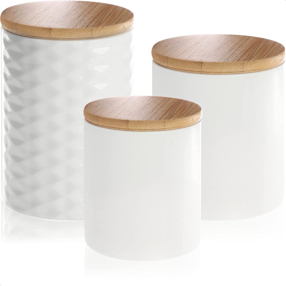 COM-FOUR® 3x Keramische voorraaddoos - voorraaddoos met bamboe deksel - keramische voedselcontainer (wit - 10x11cm - 3 stuks)