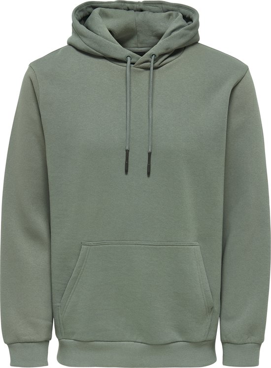 Sagegroene hoodie met capuchon en kangoeroezak, van voren.