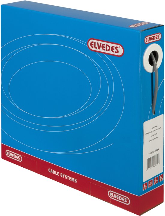 Câble Elvedes gris sur une bobine en plastique dans une boîte bleue avec informations sur le produit.