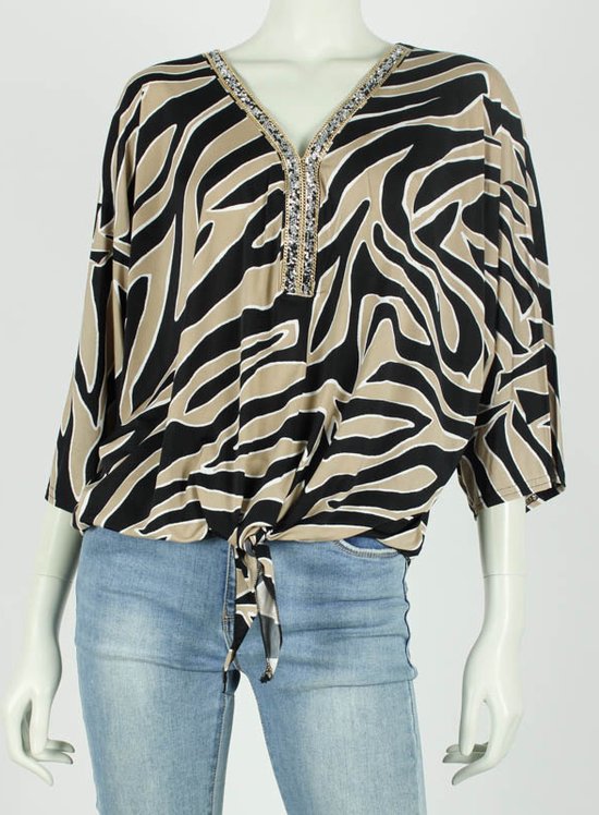 Dames blouses print beige/zwart One size