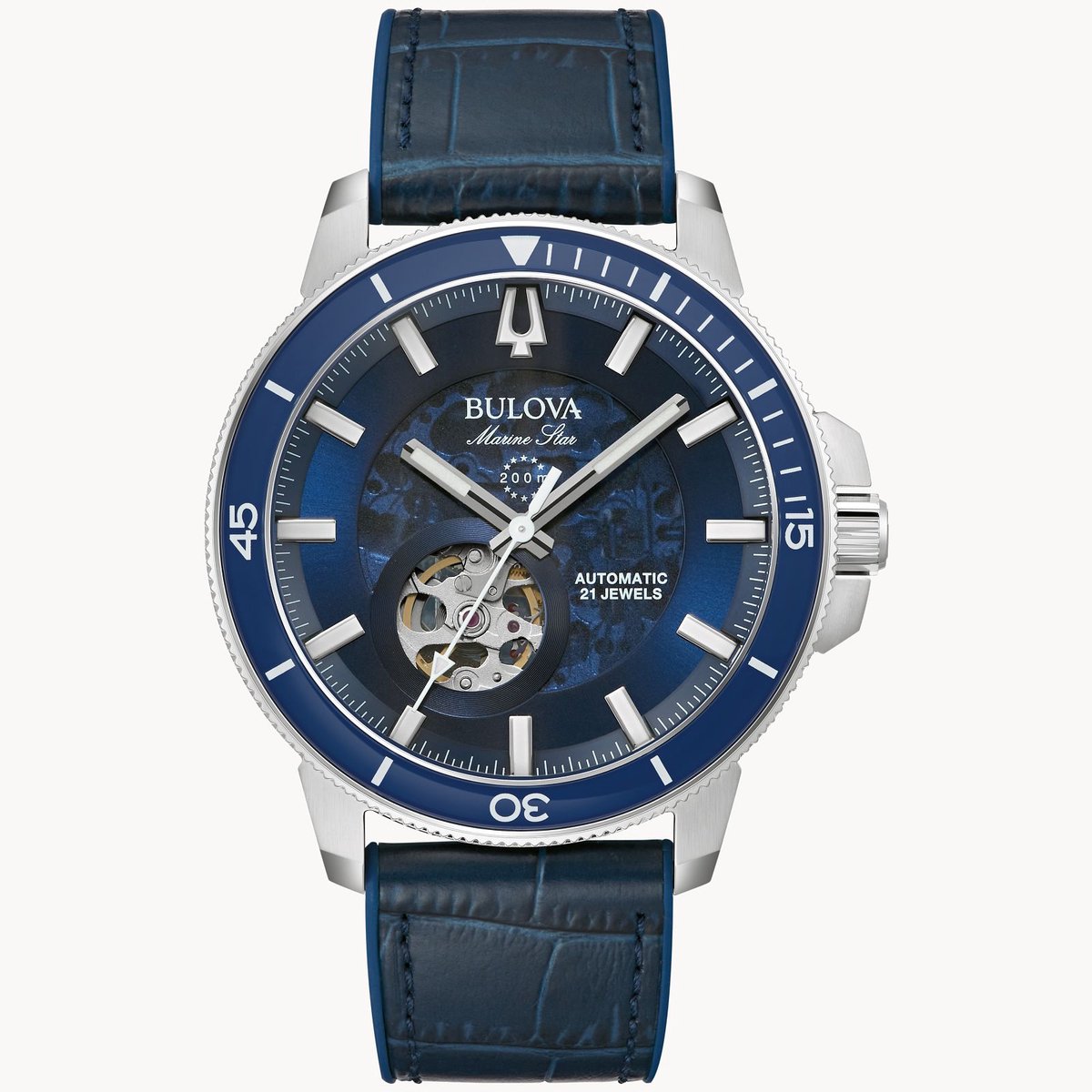 Bulova Marine Star 96A291 Horloge - Leer - Blauw - Ø 45 mm