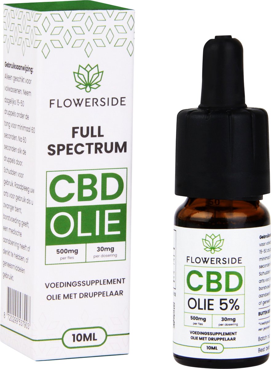 Goedkoopste Flowerside CBD Olie - Full Spectrum - 500mg - 5 - 10ml - Druppels - Biologisch - Natuurlijk - Laboratorium Getest