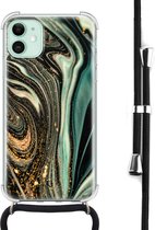 Hoesje met koord geschikt voor iPhone 11 - Magic marble - Inclusief zwart koord - Crossbody beschermhoes - Transparant, Groen - Mooie Telefoonhoesjes