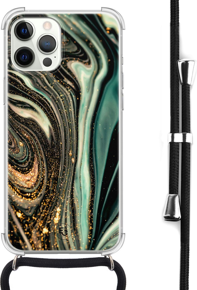 iPhone 12 (Pro) hoesje met koord - Magic marble - Siliconen case met print - Shock proof - Extra Bescherming - Inclusief zwart koord - Crossbody - Back Cover - Transparant, Groen