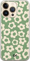 Hoesje geschikt voor Apple iPhone 13 Pro - Retro Cute Flowers - Bloemen - Groen - Apple Soft Case Telefoonhoesje - TPU Back Cover - Casevibes