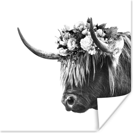 Poster Schotse hooglander - Bloemen - Zwart - Wit - 75x75 cm