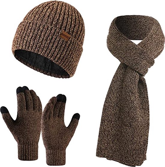 Winter Set voor Mannen - Inclusief Muts, Sjaal & Handschoenen met Touchscreen - Coffee