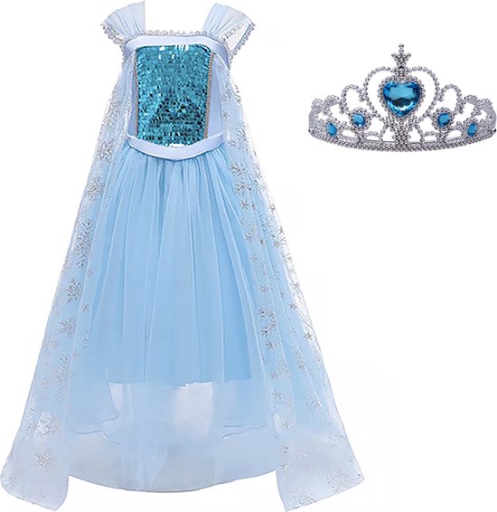 Prinsessenjurk Meisje - Verkleedjurk - maat 92/98 (100) - Tiara - Kroon - Verkleedkleren Meisje - Prinsessen Verkleedkleding - Halloween kostuum - Kinderen - Blauw - Het Betere Merk