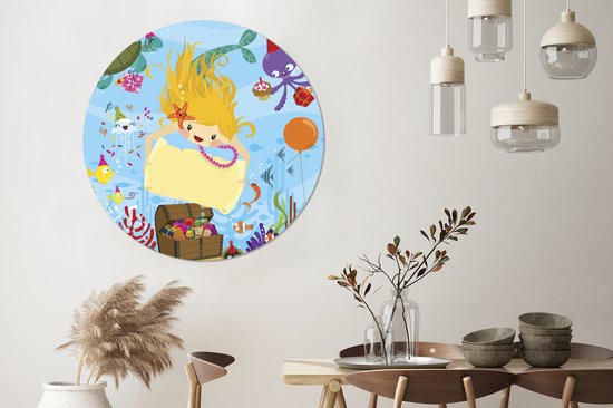 WallCircle - Wall Circle - Wall Circle - Illustration d'une Sirène avec un Coffre au Trésor - Aluminium - Dibond - 120x120 cm - Intérieur et Extérieur XXL