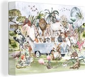 Canvas - Kinderkamer - Kinderen - Dieren - Bus - Bomen - Vogel - Zand - Canvas schilderij - Schilderijen woonkamer - 120x90 cm