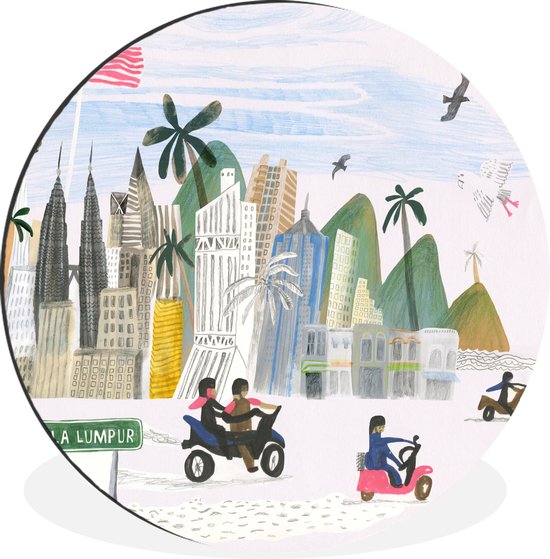 Une illustration de sites dessinés à la main de Kuala Lumpur Wall cercle aluminium ⌀ 60 cm - impression photo sur cercle mural / cercle vivant / cercle de jardin (décoration murale)