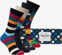 Vijf paar kleurrijke Happy Socks in een doos: strepen, ruiten, stippen.