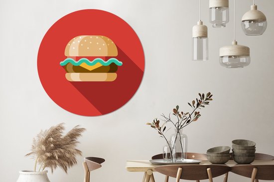 Une icône illustration d'un hamburger sur fond rouge. Cercle mural aluminium ⌀ 140 cm