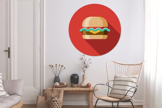 Une icône illustration d'un hamburger sur fond rouge. Cercle mural aluminium ⌀ 140 cm