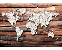 Fotobehangkoning - Behang - Vliesbehang - Fotobehang Wereldkaart op Hout - Map On Wood - 150 x 105 cm